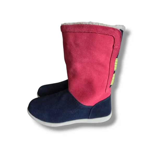 CROCS Women's Adela Foldover Fuzz Suede Booties Pink Poppy/Yellow Stucco/Navy - Picture 4 of 16